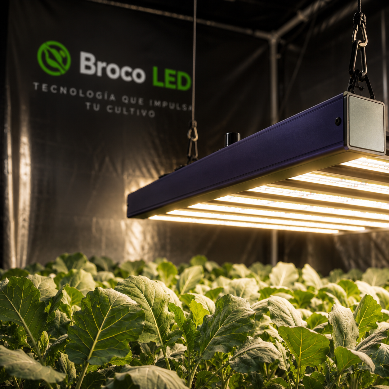 Panel LED BrocoLED para cultivo interior sobre fondo oscuro